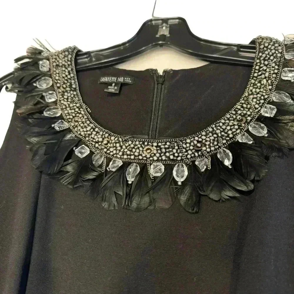 NWOT Lafayette 148 Black Stretch Ponte Knit Beads & Feathers Neckline Dress 8 - Picture 2 of 11